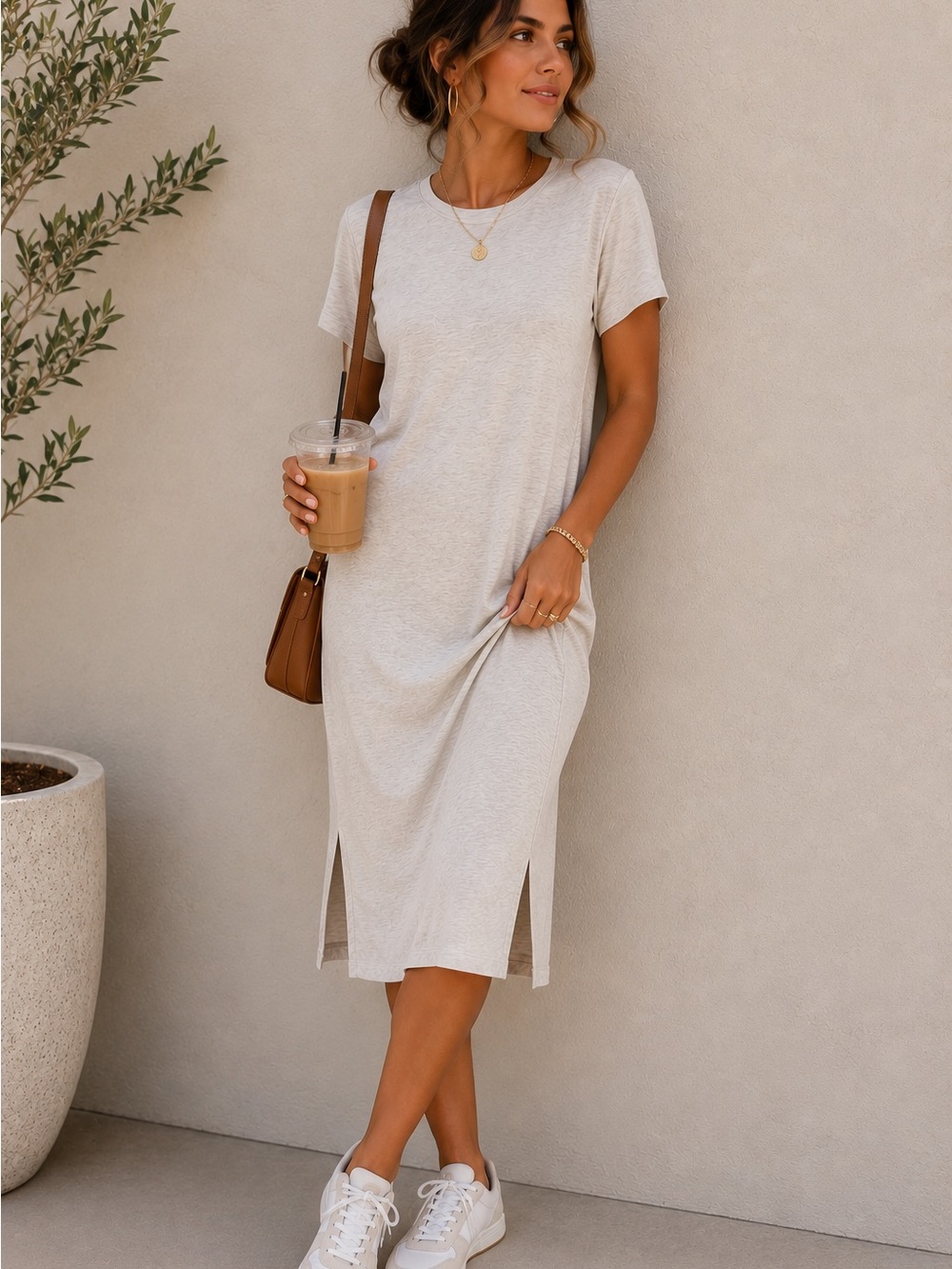 Lou & Gray Signature Soft Jersey Knit Oatmeal‎ Heathered Tie Back Midi Dress